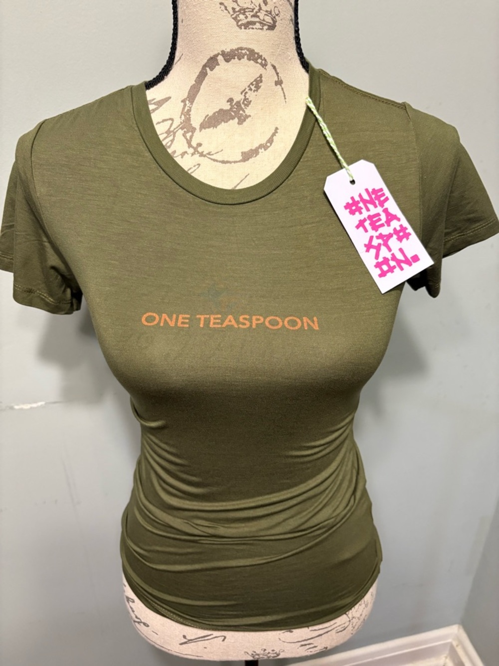 One Teaspoon Olive Crewneck Tee with Peach Logo